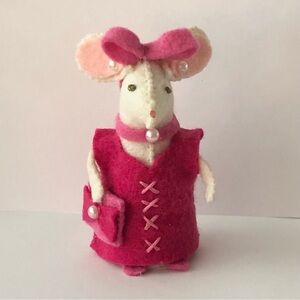 Pink dress Felt Mouse Art Doll pearls bows clutch hand-sewn handmade spring